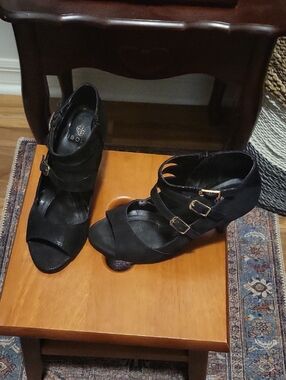 Isola Black Strappy Peep-Toe Heels with Triple Buckles